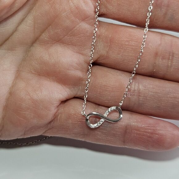 **Sale** Sterling Silver Clear Rhinestone Infinity Pendant Necklace 16 To 18" - Picture 1 of 15